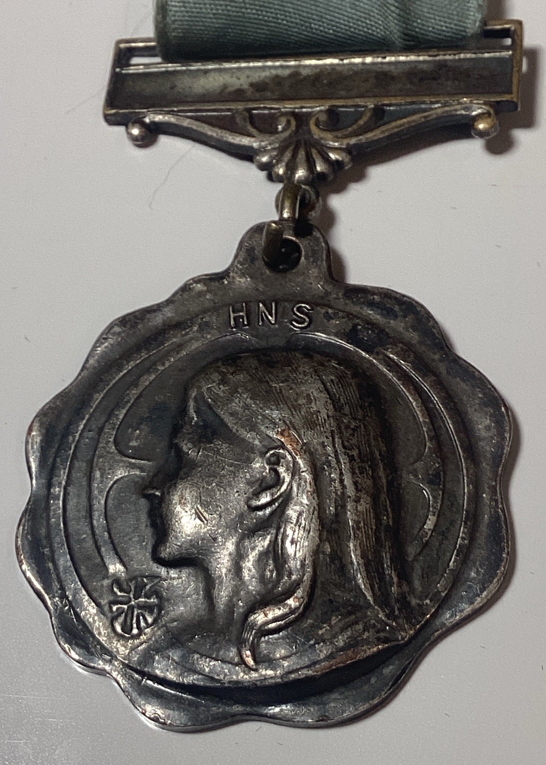 ANTIQUE HNS Signed  Art Deco Girl Profile Medal Award Silver Metal Beautiful!