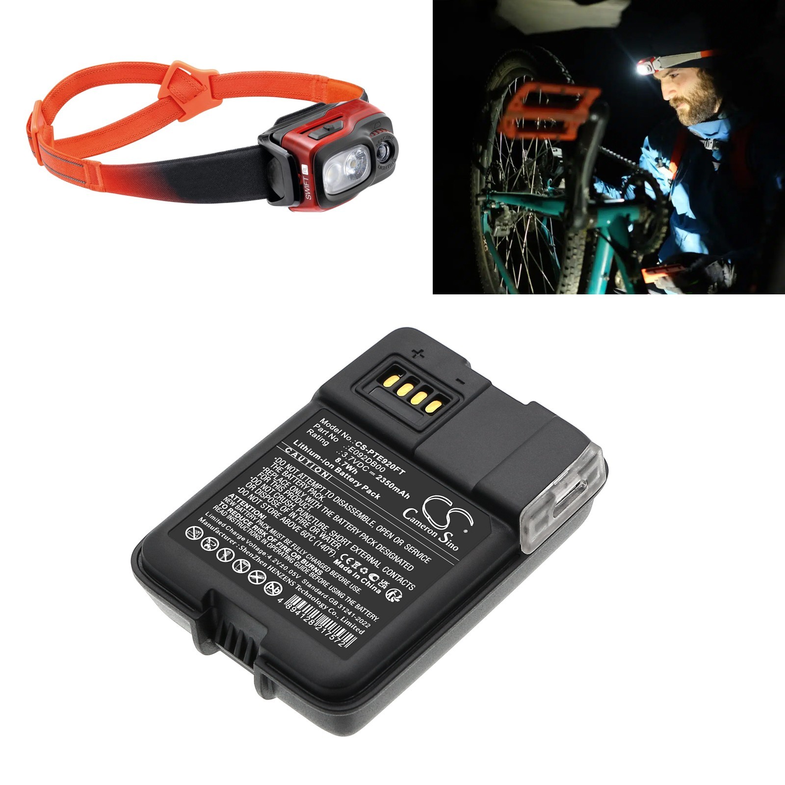 BATTERIE 2350mAh Tipo E092DB00 Para Petzl Swift RL, Swift RL Pro Linterna