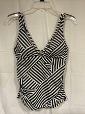 Tommy Bahama Small Blk Striped V-Neck Padded Tankini Bathing Swim Suit Top Lined