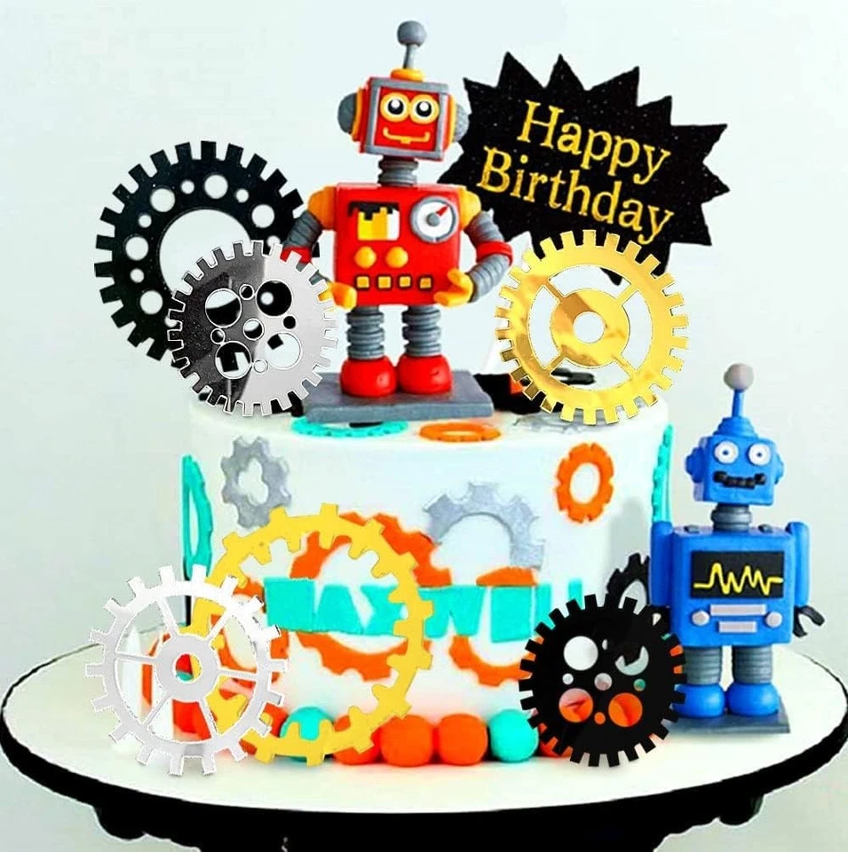 Robot de plata alegre adorno de pastel - perfecto para la fiesta de cumpleaños de su hijo Foto 3 de 4