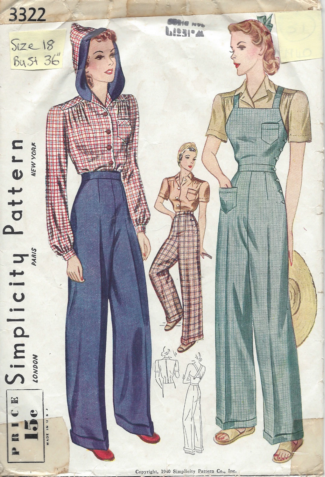 1940 Vintage Sewing Pattern B36-W30 BLOUSE-TROUSERS-OVERALLS (R807)
