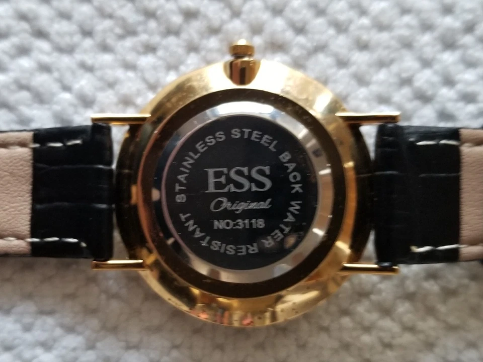 ESS Gold Tone Minimal Watch 3118 Black Dial & Leather Band 6" to 7.5" New Batt. - Image 4 of 4