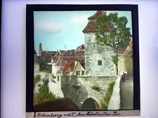 Vintage Glass Slide Photo Plate Rothenburg O.D.T At Gate c1906 8x8 HAND COLORED