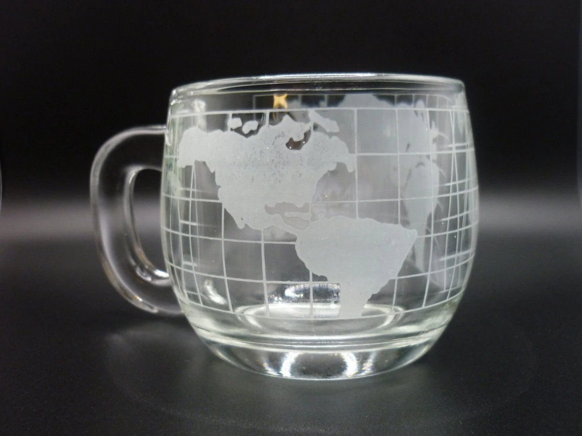 Vintage Nestle Co. Etched Clear Glass Round Sided World Globe Coffee Mug 3