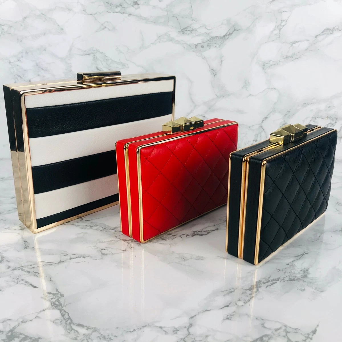 BNWT Box style clutch handbag purse gold trim red black white striped  quilted