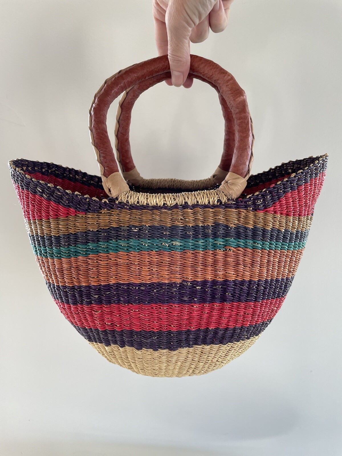 Handwoven African Market Basket Tote With Leather Han… Gem