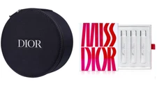 DIOR Black Cosmetics Pouch Vanity Round Makeup Bag Mirror NIB +Miss Dior Samples