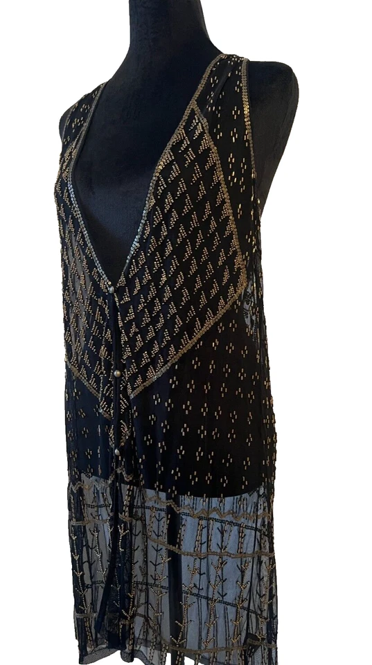 Ecote Black with Gold Beaded Sequin Sheer Sleeveless Long Open Vest Sz XS/S NWT - Image 2 of 4