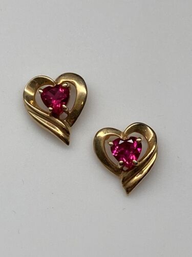 10K Yellow Gold Created Ruby Heart Pendant and Matching Earrings - Picture 3 of 7