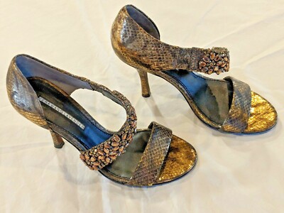 Vera Wang Lavender brown gold open toe snakeskin heels, size