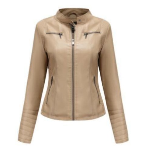 Women's Motorcycle Jacket Fashion Leather Stand Collar Slim Solid Color Zipper - Picture 13 of 15