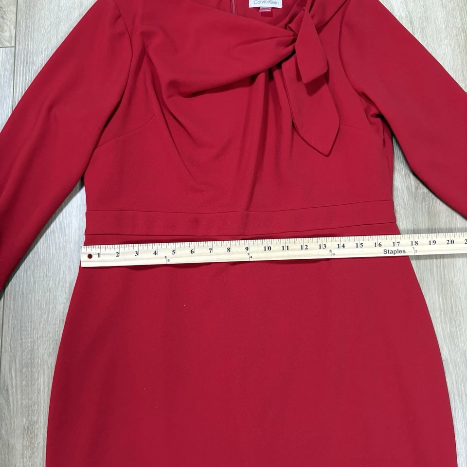 Calvin Klein Women’s 3/4 Sleeve Red Dress Size 14 Zip On Midi Bow Detail - Image 3 of 4