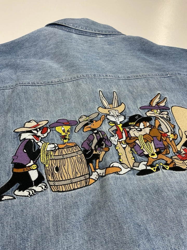 Vintage Looney Tunes Denim Shirt Sz L Western Cowboy Embroidered Rare 90s - Image 3 of 4