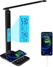 Desk Lamp Wireless Charger USB Charging Port Dimmable Office Desk Light w/Clock