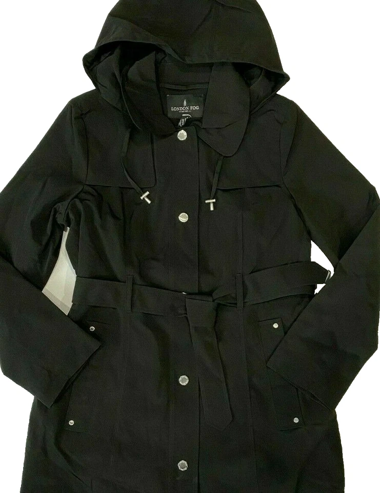 London Fog women's Black hooded Trench Rain Coat  - size Medium -removable hood - Image 4 of 4