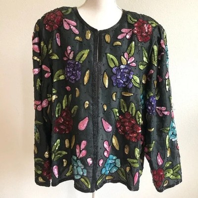 Vintage Scala Multicolor Silk Floral Beaded Sequin Embellished Jacket 3X