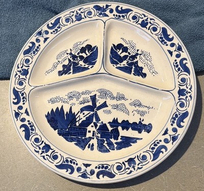 Persianware from Germany Delftware Blue & White Divider Plate Windmill, mark, 56