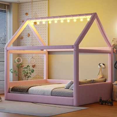 Full Size Upholstered House Daybed with LED Light Strips,Pink