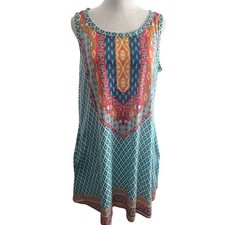 Womens Turquoise Geometric Print Sleeveless Shift Dress L Excellent Condition