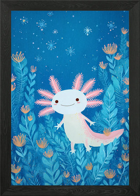 Niedlicher Axolotl in blau Blumengarten gerahmtes Wandbild Poster Leinwanddruck Bild