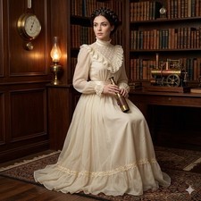 Vtg Maxi Dress 6 Ivory Lace Trim Victorian Edwardian Regency Core Steampunk
