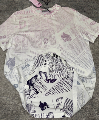 Dior x Daniel Arsham White Pink Newspaper Logo Short Sleeve Shirt