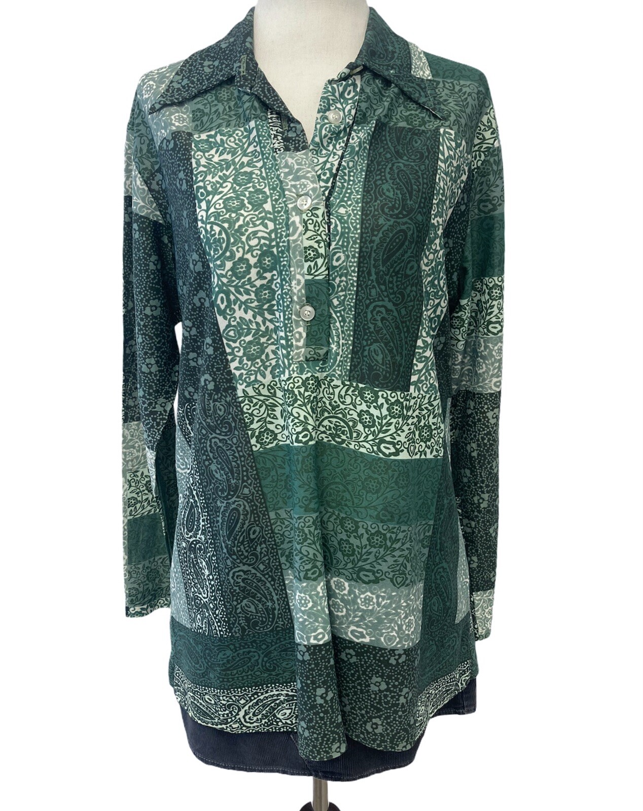 Vintage 70s Polyester Floral Patchwork Print Blou… - image 1