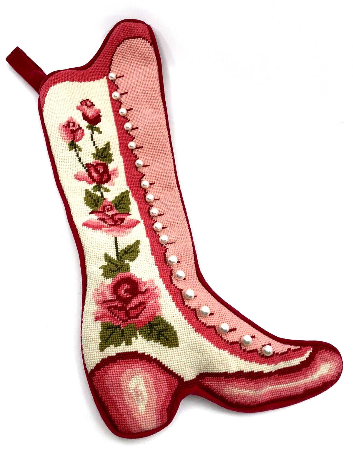 Vintage NEEDLEPOINT Boot VICTORIAN Pink ROSES & PEARLS Christmas VELVET