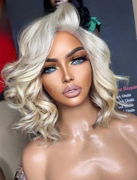 100% Human Hair Wigs Short Bob Wavy Platinum Blonde Lace  display picture 2