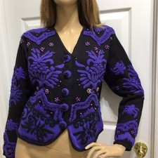 LISA NICHOLS Vintage Cardigan PURPLE / BLACK SIZE LARGE BEADED EMBROIDERED NWT