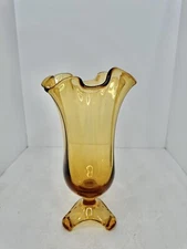 Vintage MCM Viking Glass Amber Arching Thumbprint Swung Vase Ruffled Top 11” 
