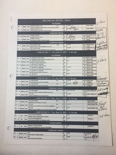 ONE TREE HILL set used SHOOTING SCHEDULE ~ Season 5, Episode 5