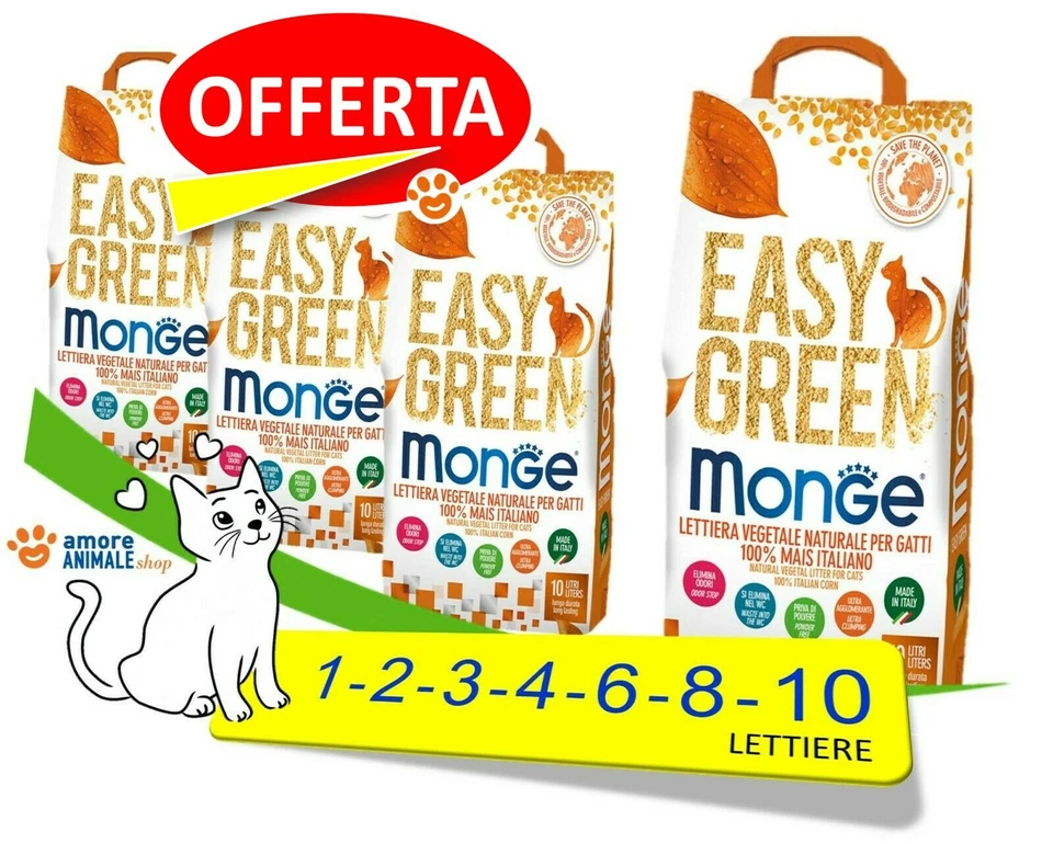 OASY Monge EASY GREEN Lettiera 10 LT per Gatti - 100% MAIS ITALIANO - Smaltibile WC