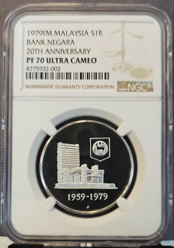 1979 MALAYSIA SILVER 1 RINGGIT BANK NEGARA ANNIV NGC PF 70 ULTRA CAMEO PERFECT