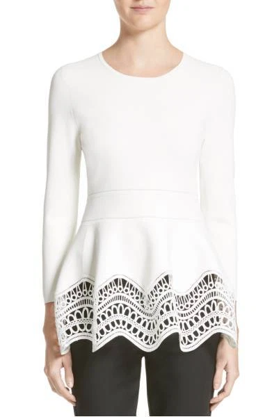 NEW Lela Rose Guipure Wave Lace Flare Hem Knit Top in white size M #DD221