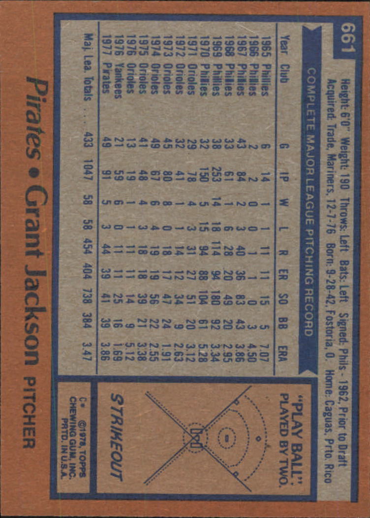 1978 Topps Pittsburgh Pirates Baseball Card 661 Grant Jackson NM eBay