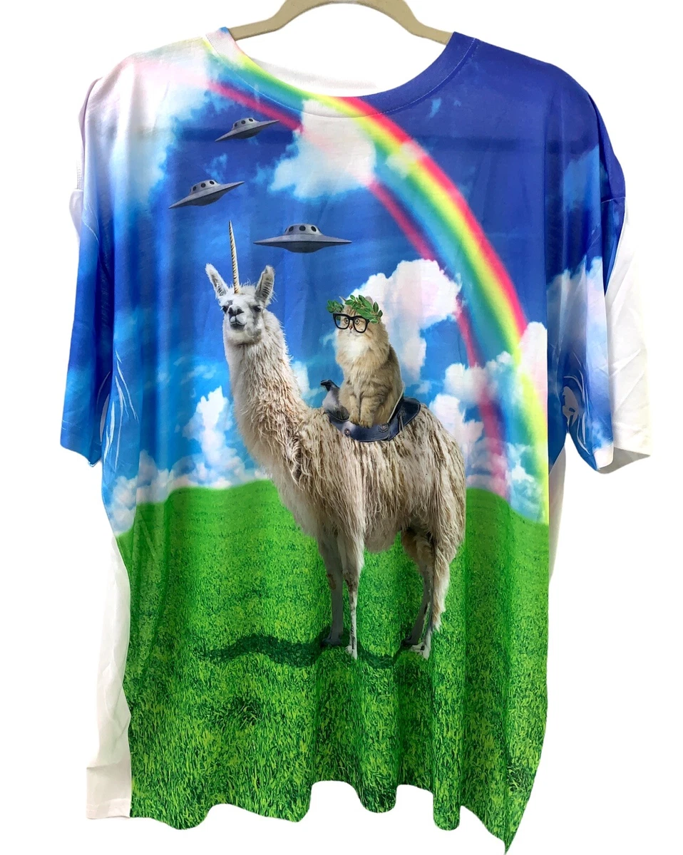 Cat Rides Llamacorn Unicorn Rainbows UFO Clouds Adult Sublimated