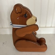 Wooden Teddy Bear 12   Movable Limbs Blue/white ribbon. Nursery Decor. Vintage
