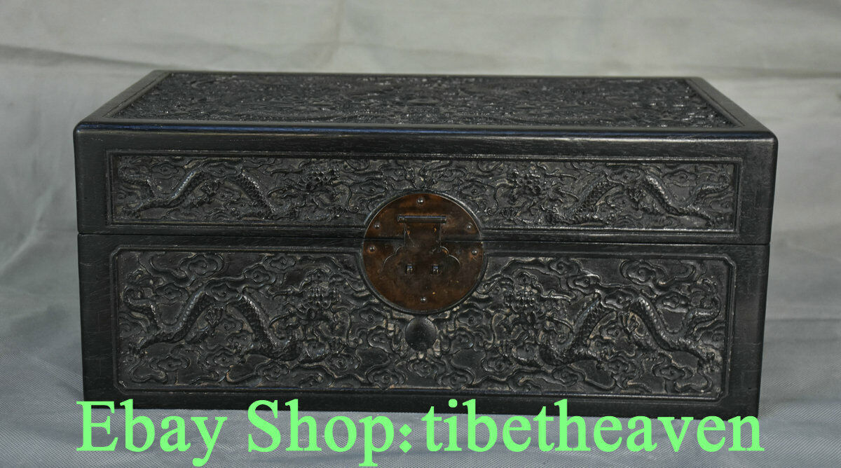 16-дюймовая старая китайская резьба по дереву черного дерева дворец династии двойной дракон игровая коробка с бисером