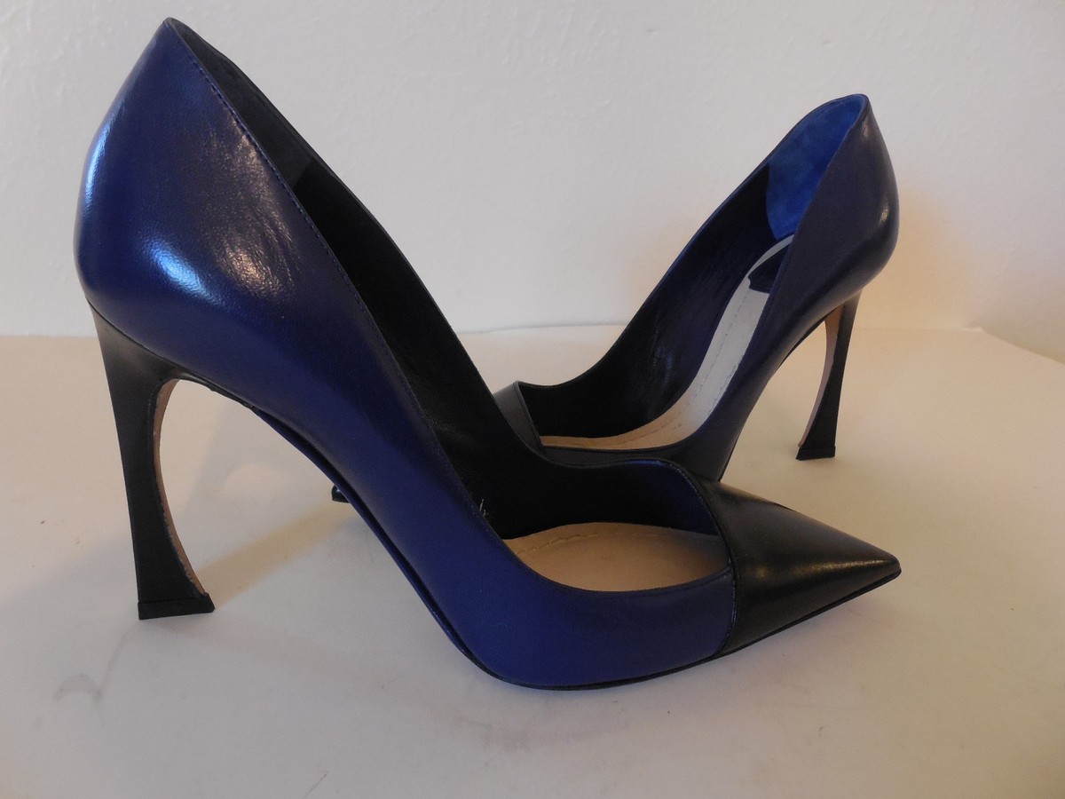 Sz.6 Christian Dior Pointed-Toe Curve Heel Leather Blue Pump Shoes