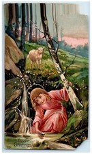 1909 Easter Greetings Girl Holly Water Lamb Embossed Bridgeport CT Postcard