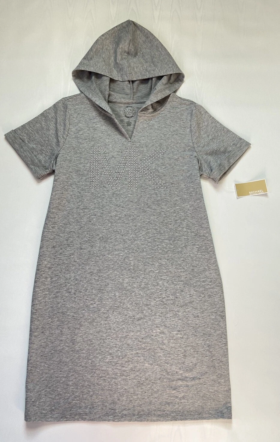 Nuovo abito con cappuccio con cappuccio con logo Michael Kors MK grigio manica corta taglia M nuovo con etichette