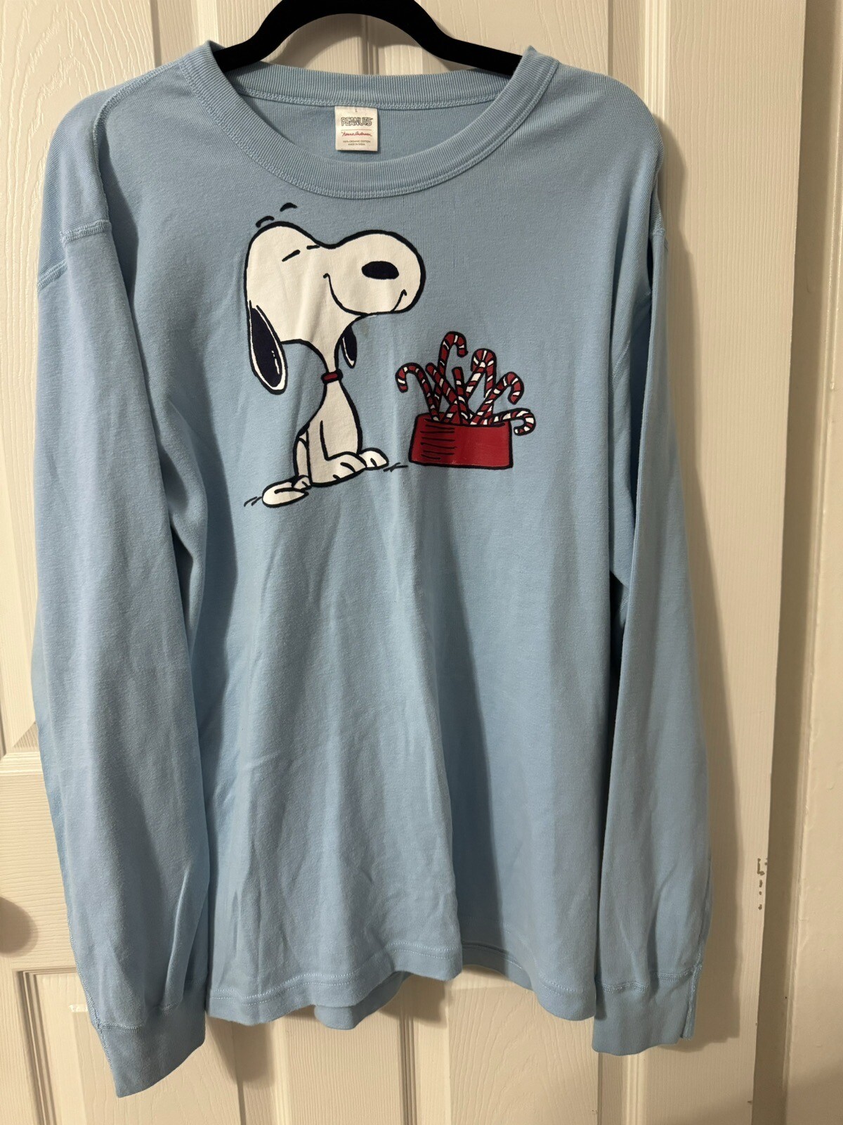 Light Blue Peanuts Snoopy Christmas Candy Canes Long Sleeve Crewneck Size Large