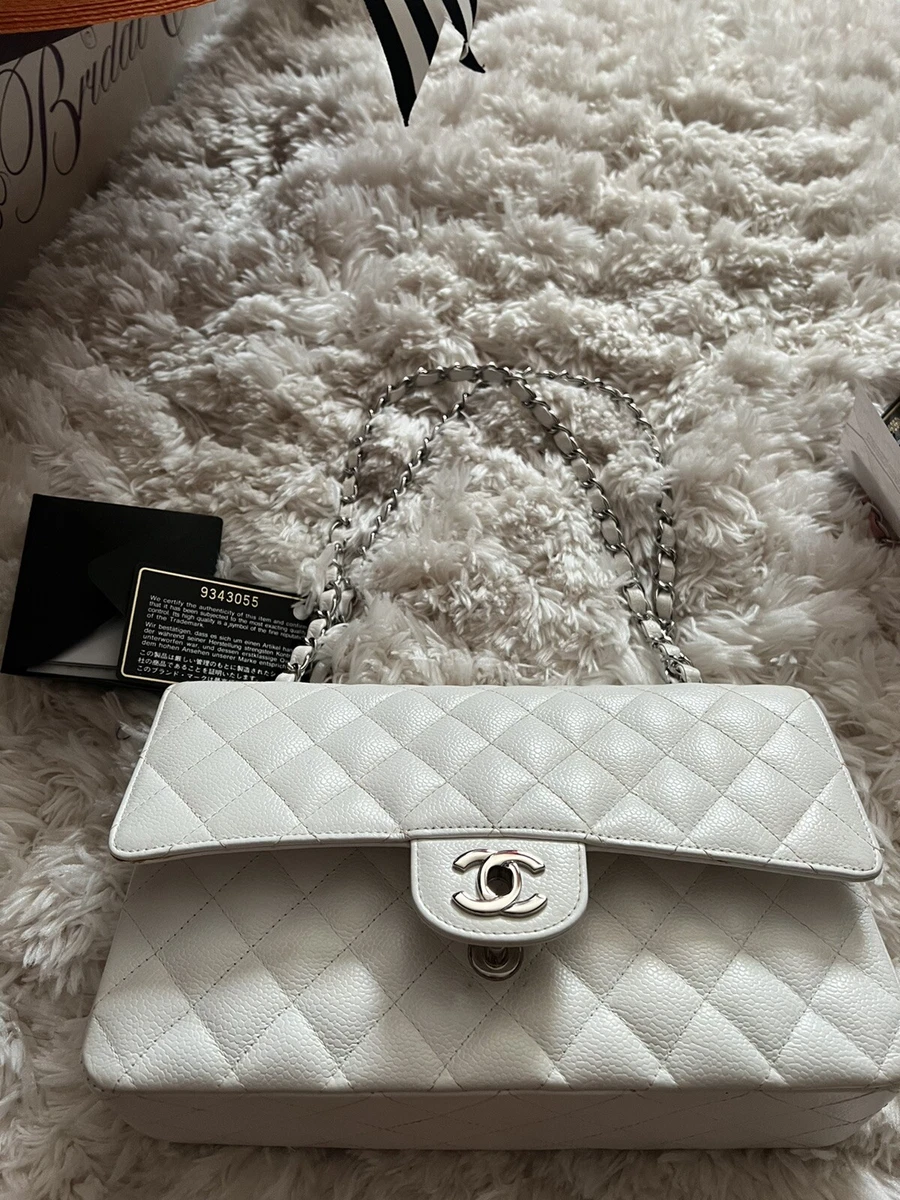 Chanel White Quilted Caviar Medium Classic Double Flap with Silver Chain