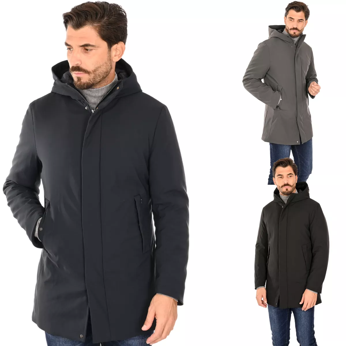 Parka Uomo Invernale Giubbotto Lungo Blu Nero Impermeabile Cappotto  Giaccone