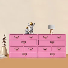 4 Pack 3 Drawer Wooden Desktop Organizer Drawer Storage Box For Tabletop- Pink