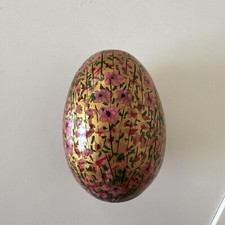 Wooden Egg Hand Painted Miniature Flowers On Gold 7cm tall