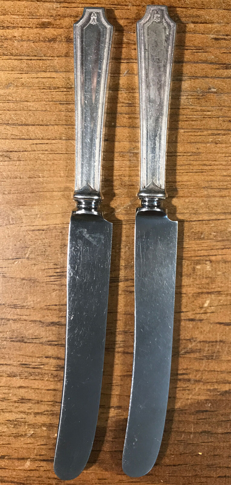 Two Vintage Unknown pattern Silverplate Dinner Knives
