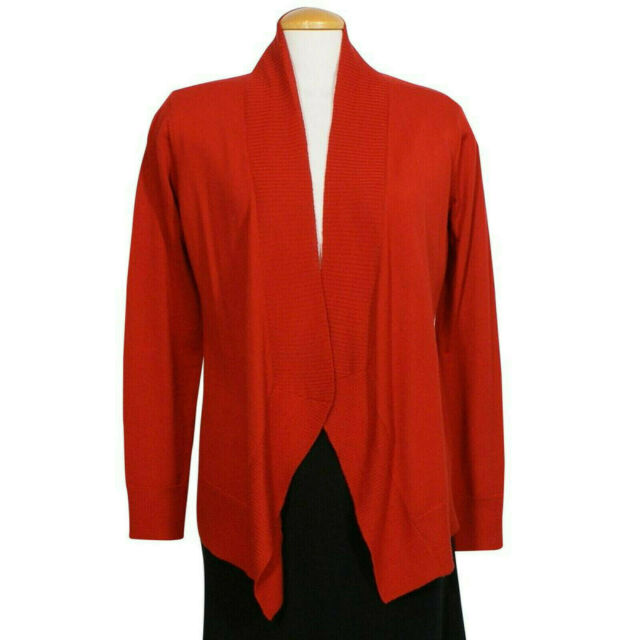 EILEEN FISHER Lacquer Red Merino Wool Jersey Angled Cardigan M for sale