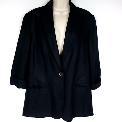 Cold Water Creek Womens Suit Jacket 20 Black 3/4 Sleeve Pocket Linen Blend 